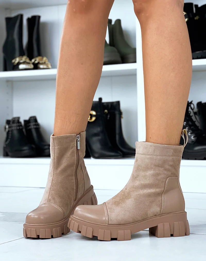 Bottines taupe bi-matières en suédine