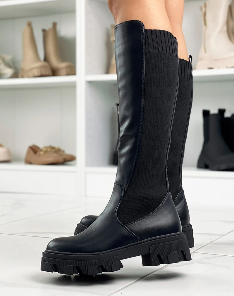 Bottes hautes noires bi-matières