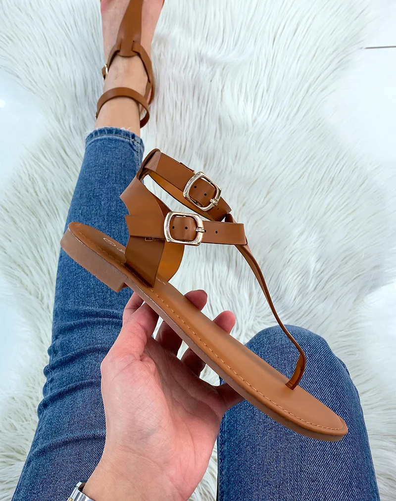 Nu-pieds camel à double brides