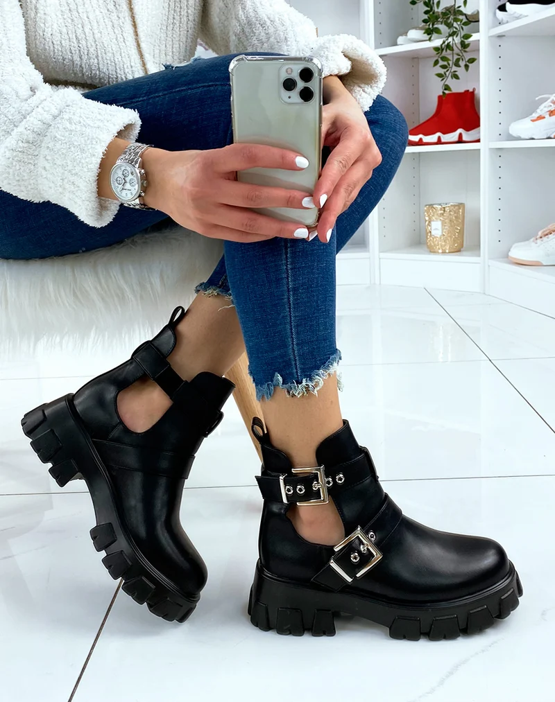 Bottines noires ouvertes à double lanières