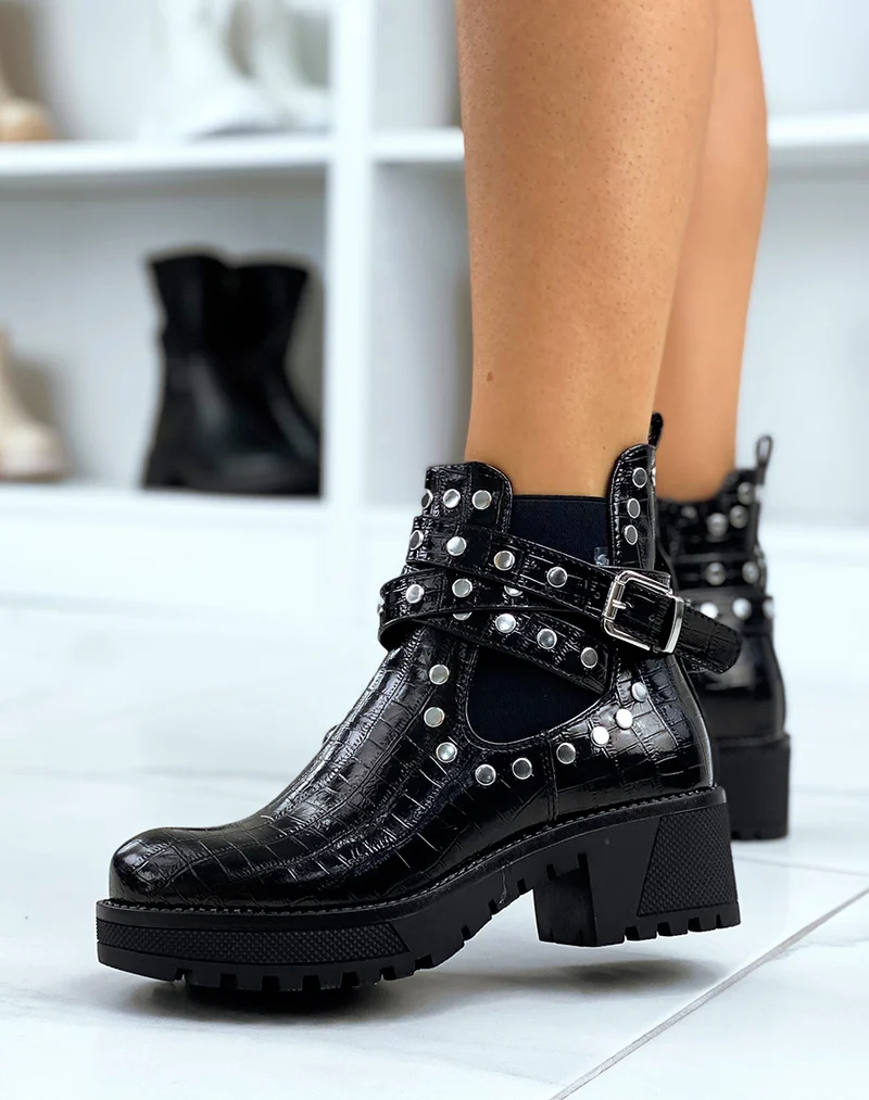 Bottines à talon mi-haut effet croco noir