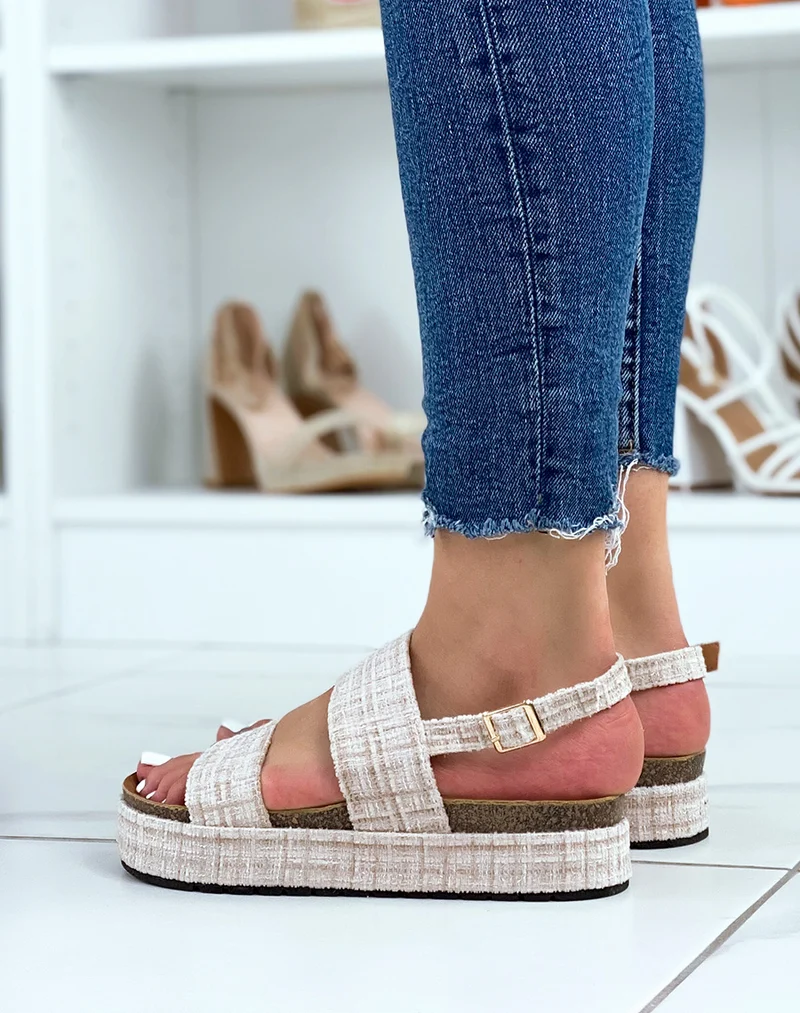 Sandales plates beiges en tweed
