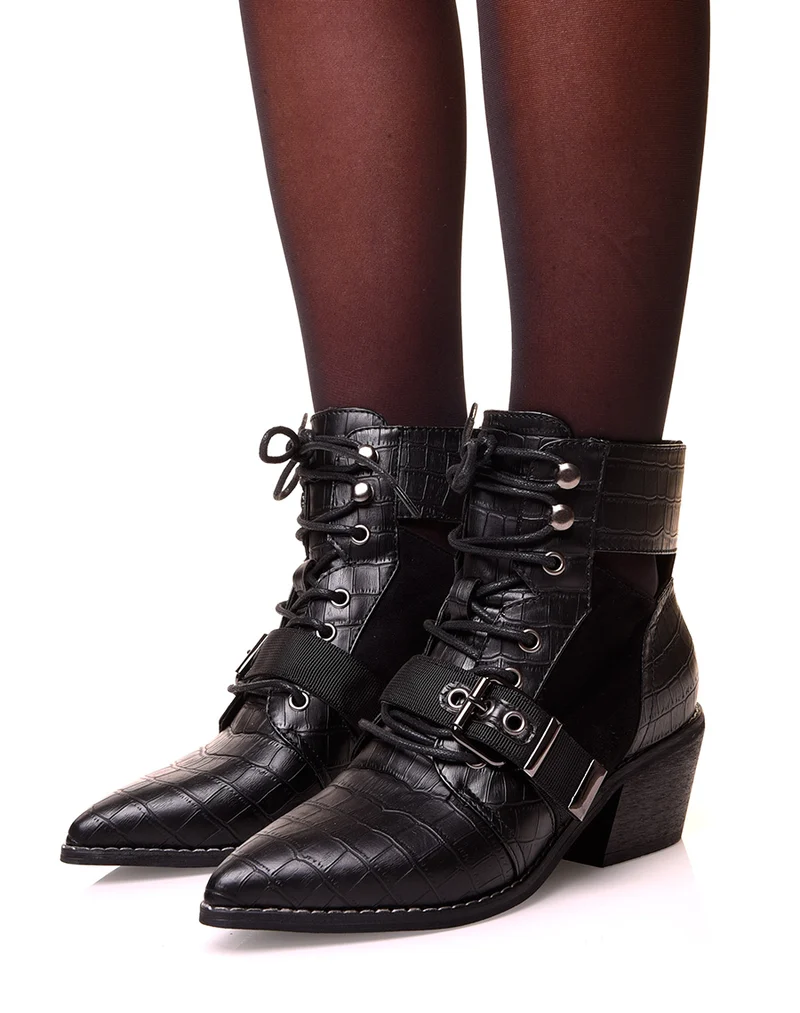 Santiags noires à lacets en suédine et effet croco