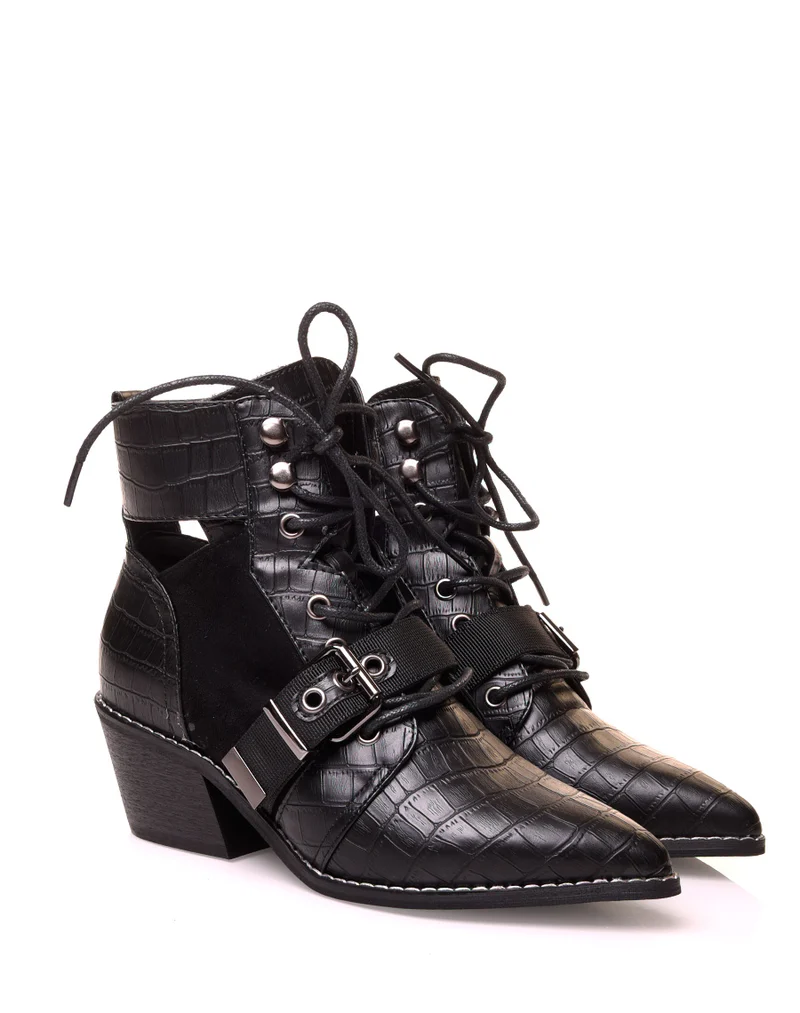 Santiags noires à lacets en suédine et effet croco