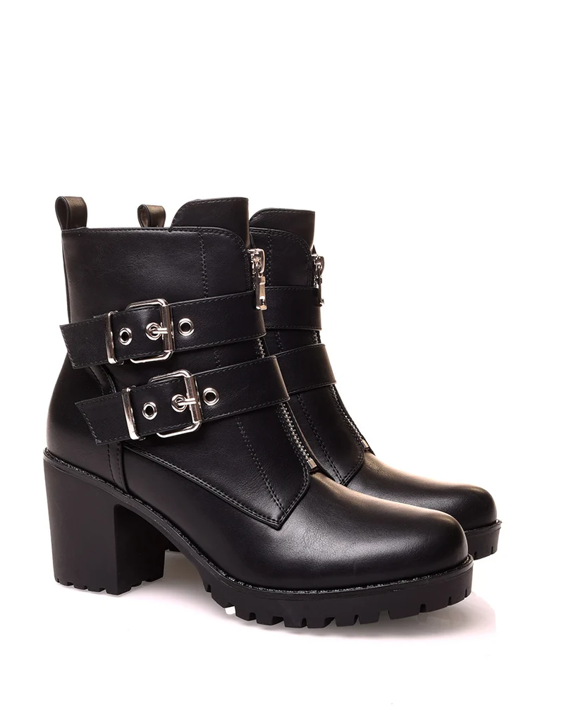Bottines à talon épais noires à sangles zippées à l’avant