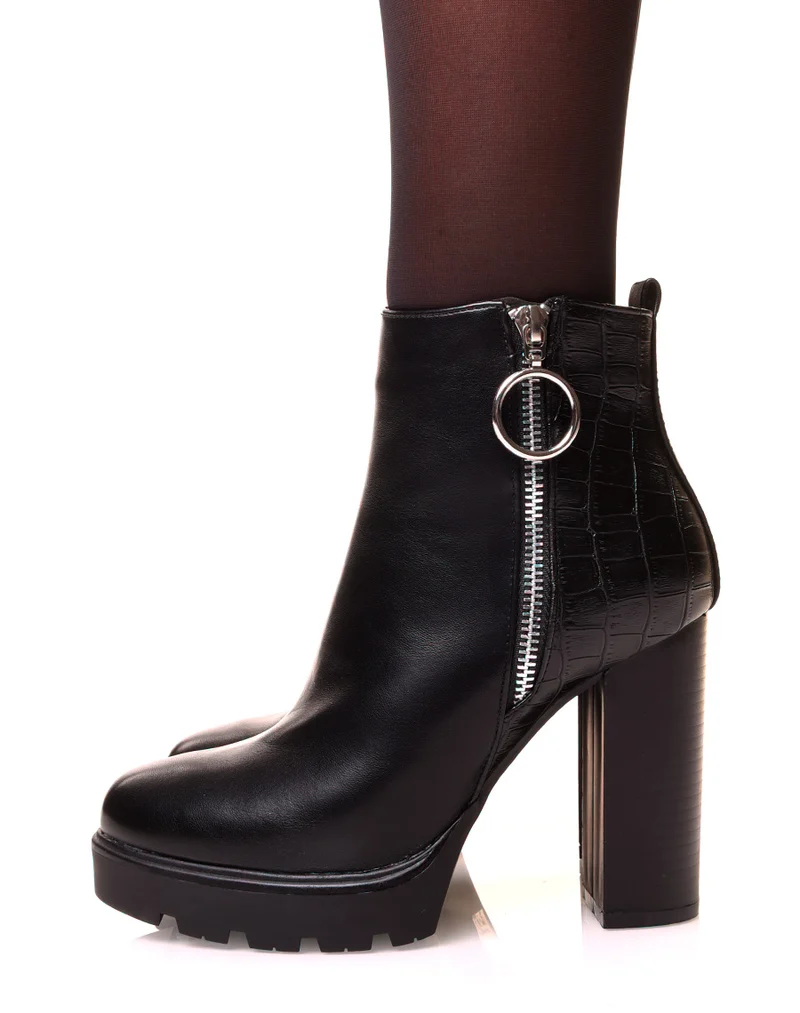 Bottines bi-matières noire à talon hauts