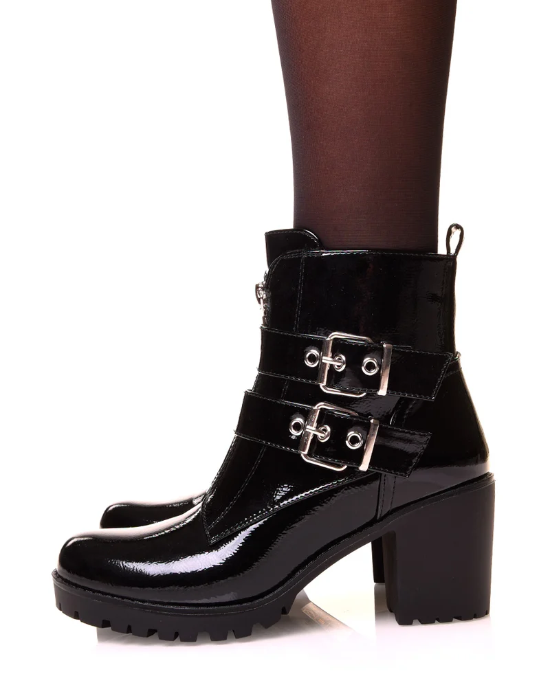 Bottines vernis noir à talon à multiples sangles