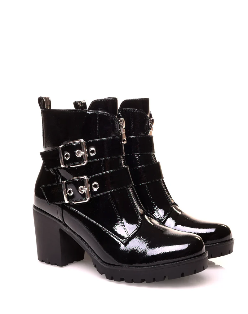 Bottines vernis noir à talon à multiples sangles