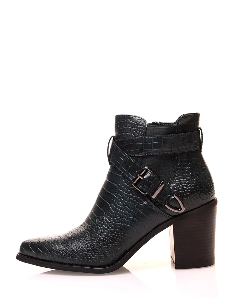 Bottines bleues à talons à effet croco et à doubles brides