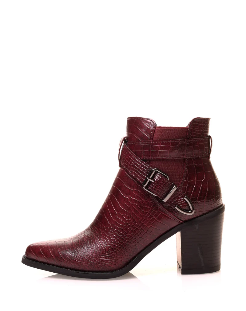 Bottines bordeaux à talons à effet croco et à doubles brides