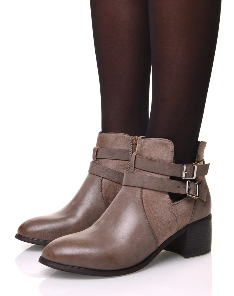 Bottines ajourées taupe à talon moyen