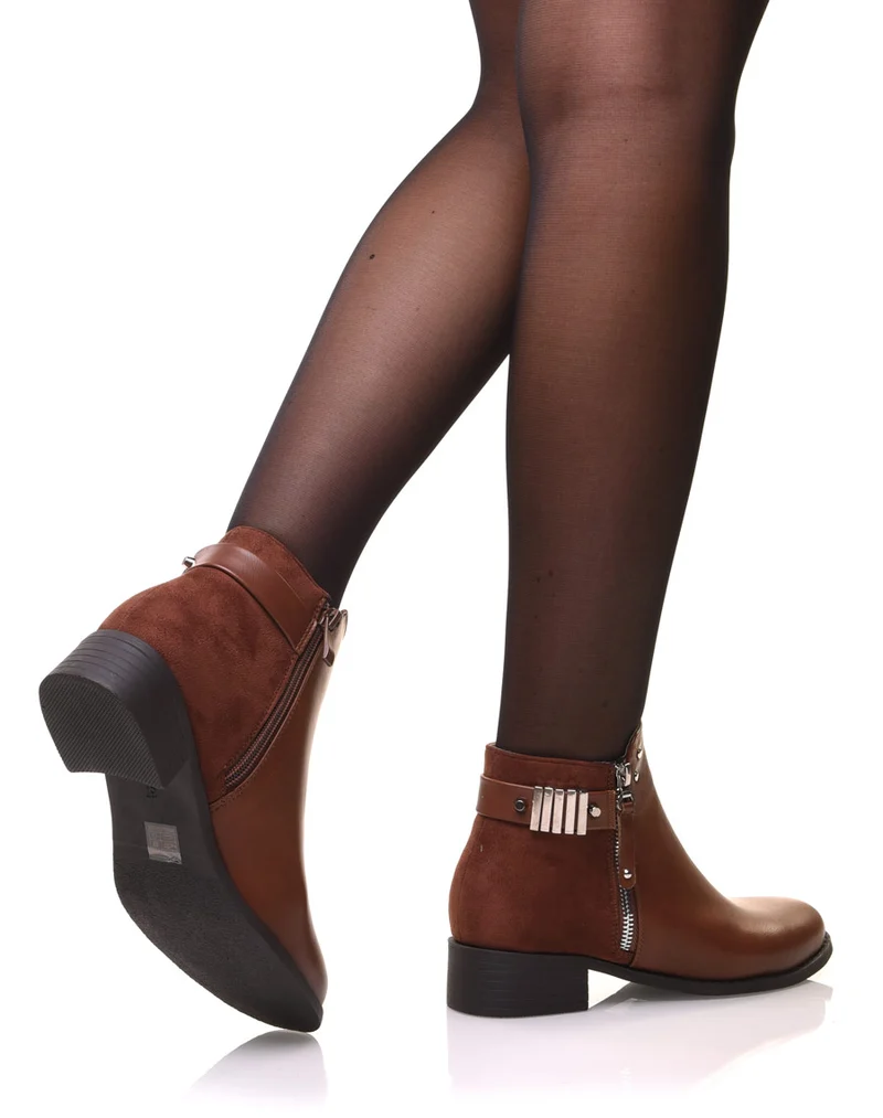 Bottines camel plates fermeture éclaire décorative