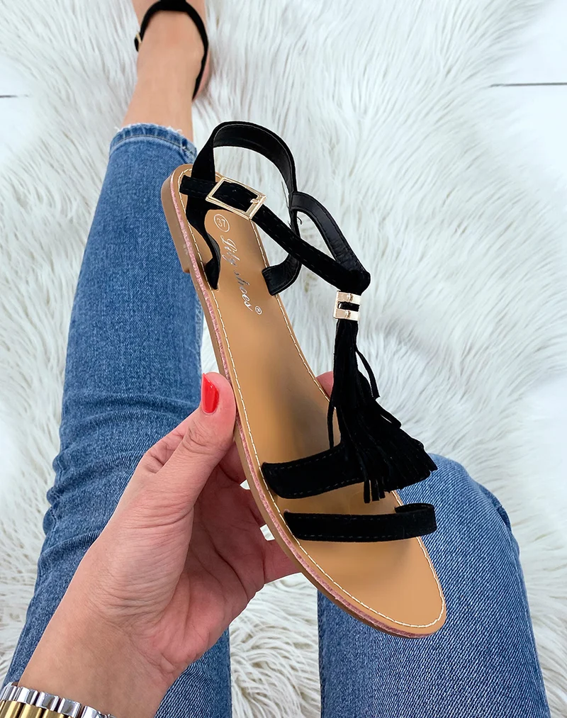 Nu-pieds en suédine noire à franges et détail doré