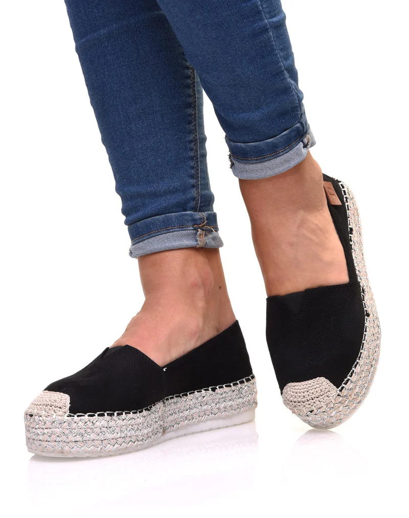 Espadrilles noires compensées à semelle tressée argentée