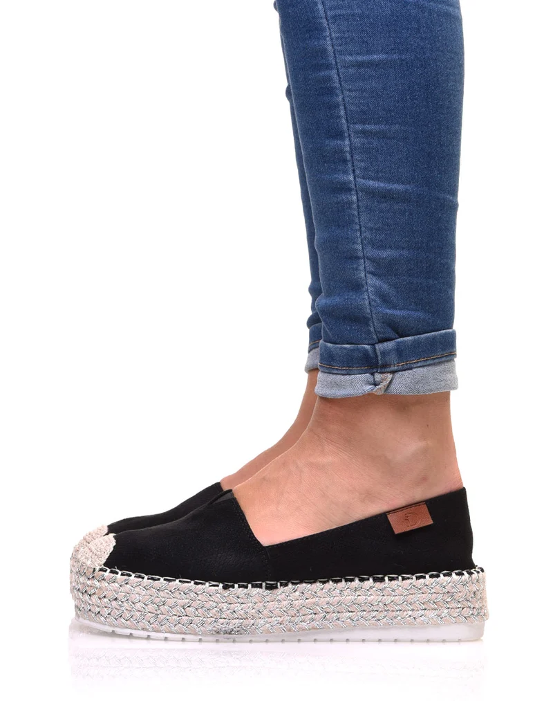 Espadrilles noires compensées à semelle tressée argentée