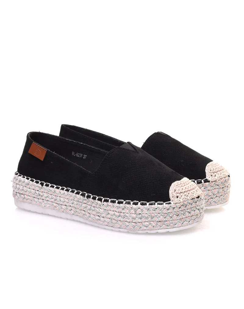 Espadrilles noires compensées à semelle tressée argentée