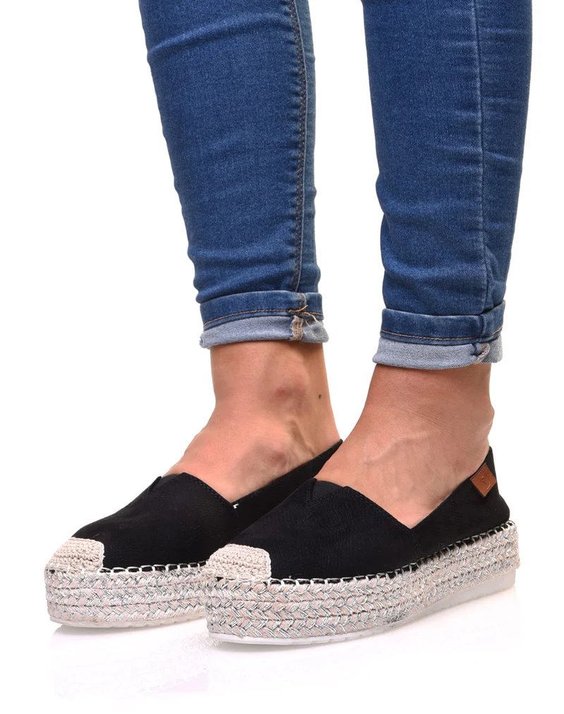 Espadrilles noires compensées à semelle tressée argentée