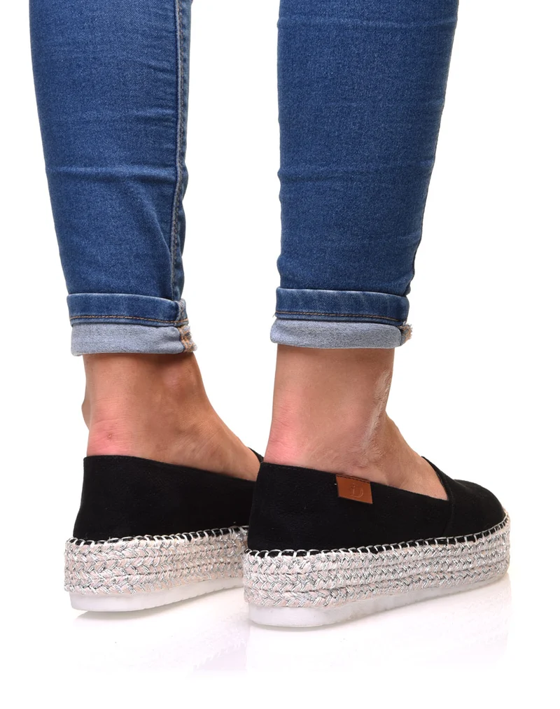 Espadrilles noires compensées à semelle tressée argentée
