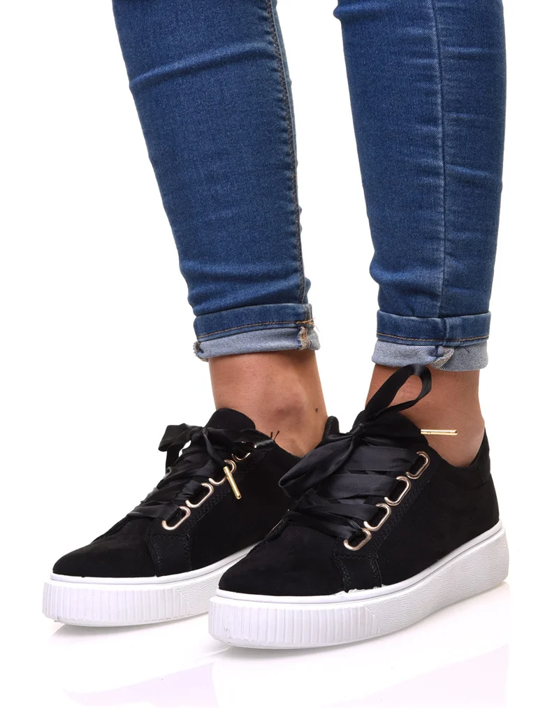 Baskets noires compensées en suédine