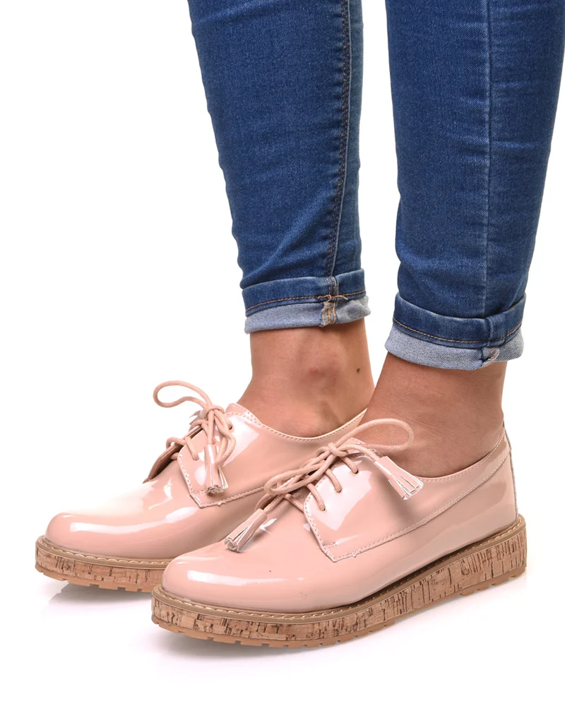 Derbies roses vernies à talon compensé