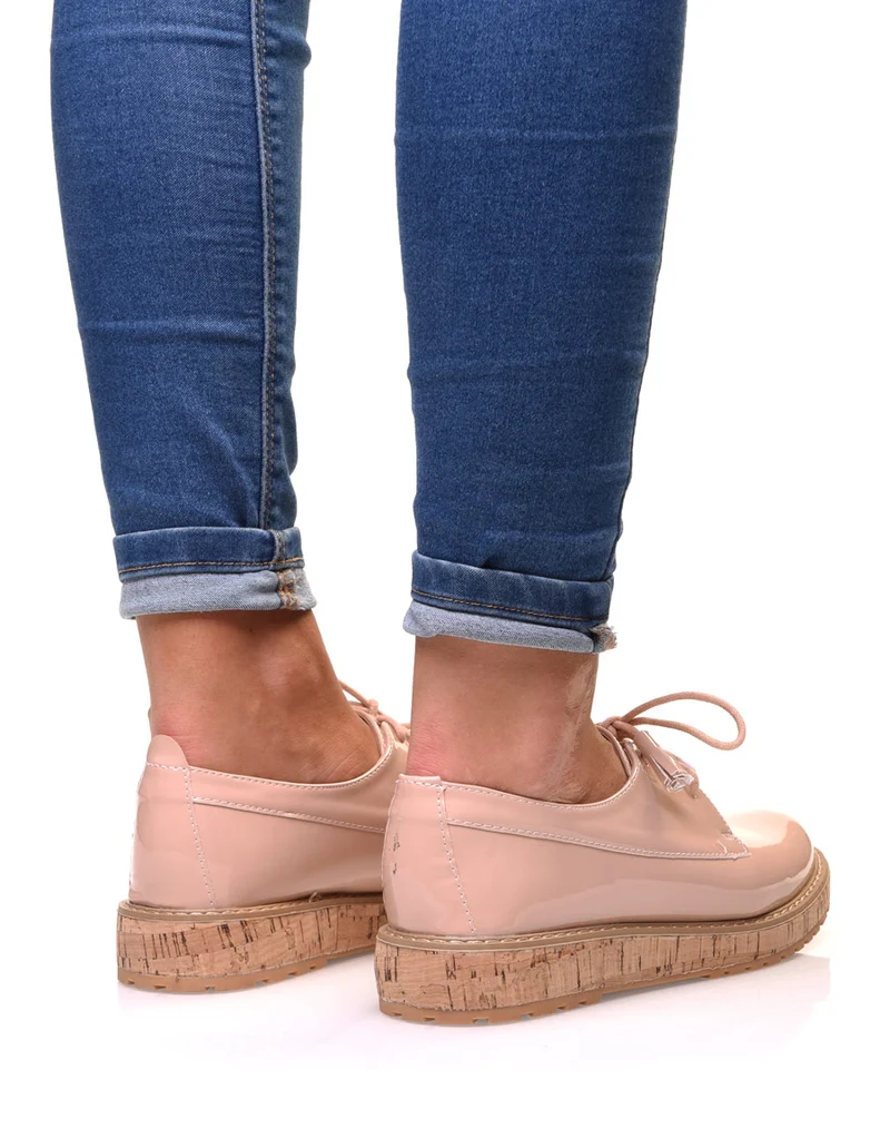 Derbies roses vernies à talon compensé