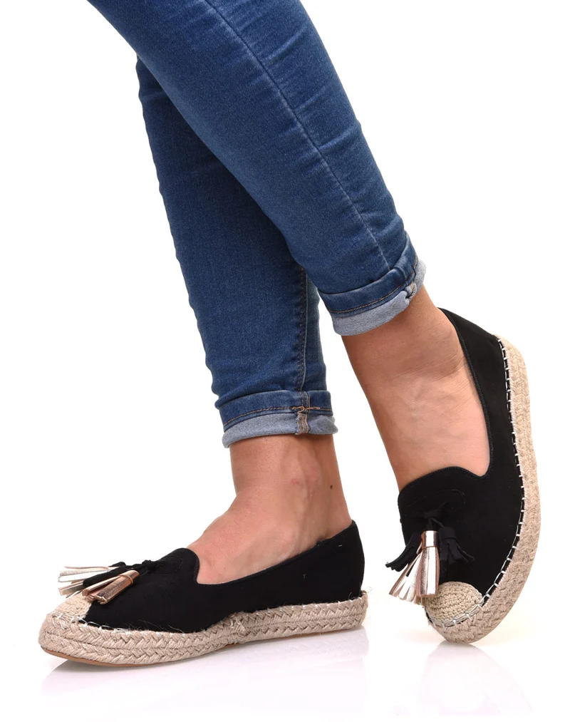 Espadrilles noires en suédine à pompons