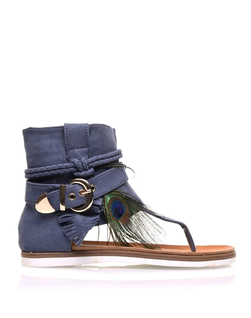 Nu-pieds bleus en suédine à multiples détails