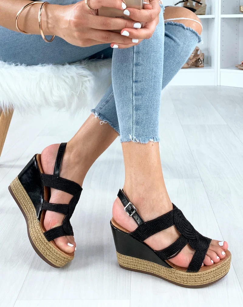 Compensés noirs à multiples brides tressées et à talons bi-matières