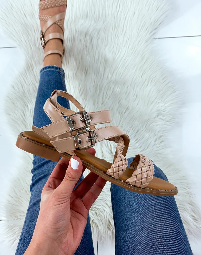 Nu-pieds beige à multiples brides tressées et lisses