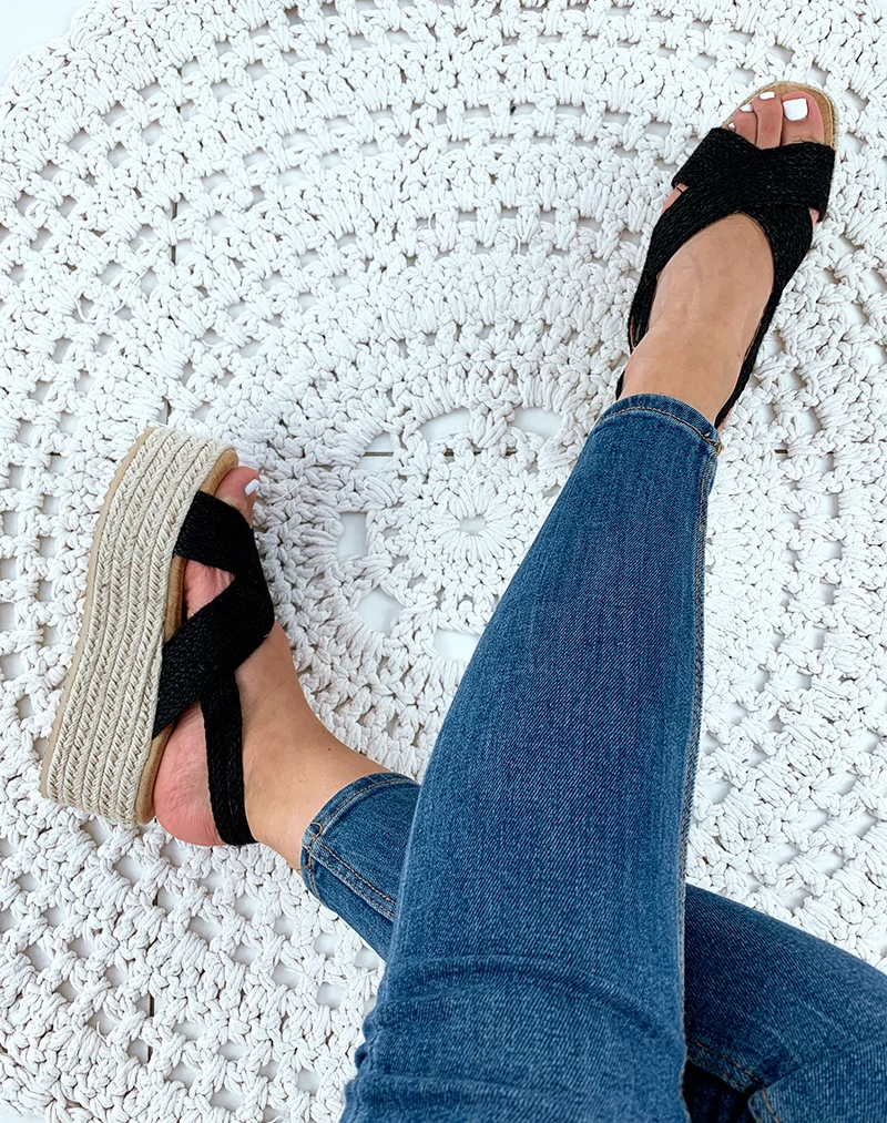 Espadrilles compensées en raphia noires