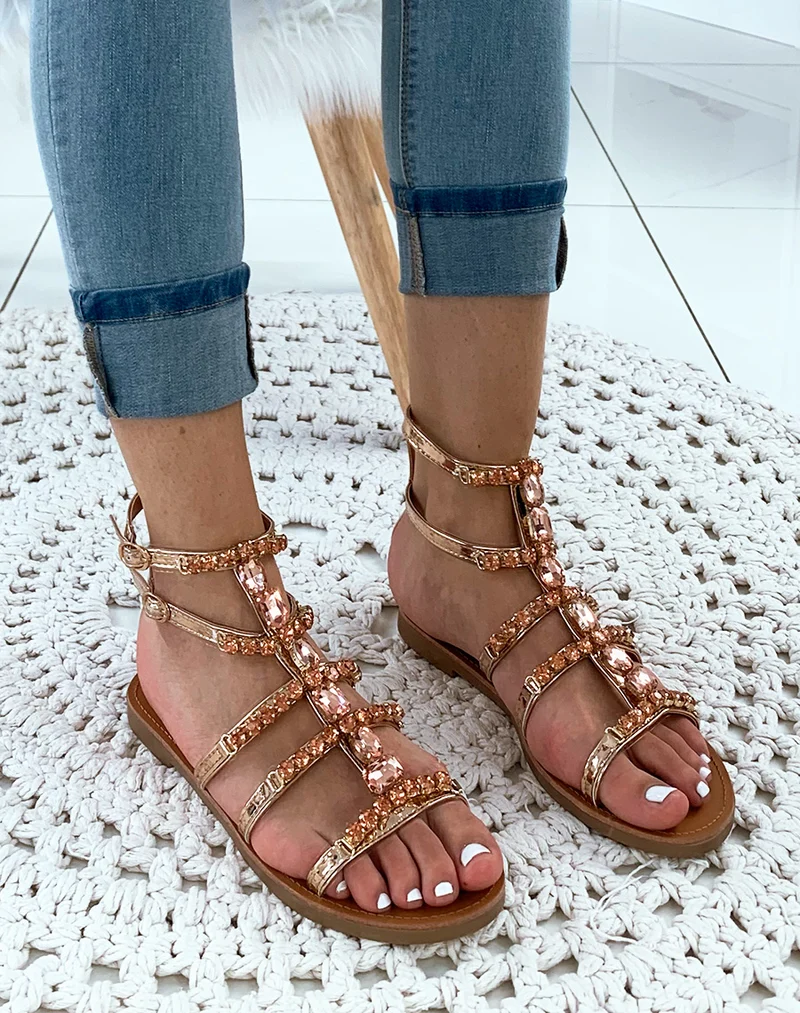 Nu-pieds montantes champagne à bijoux fantaisistes