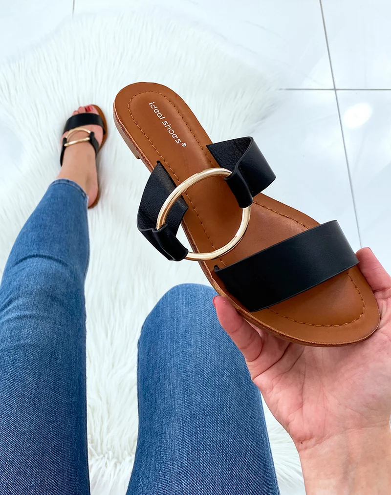 Mules à double bride noires et à fine semelle