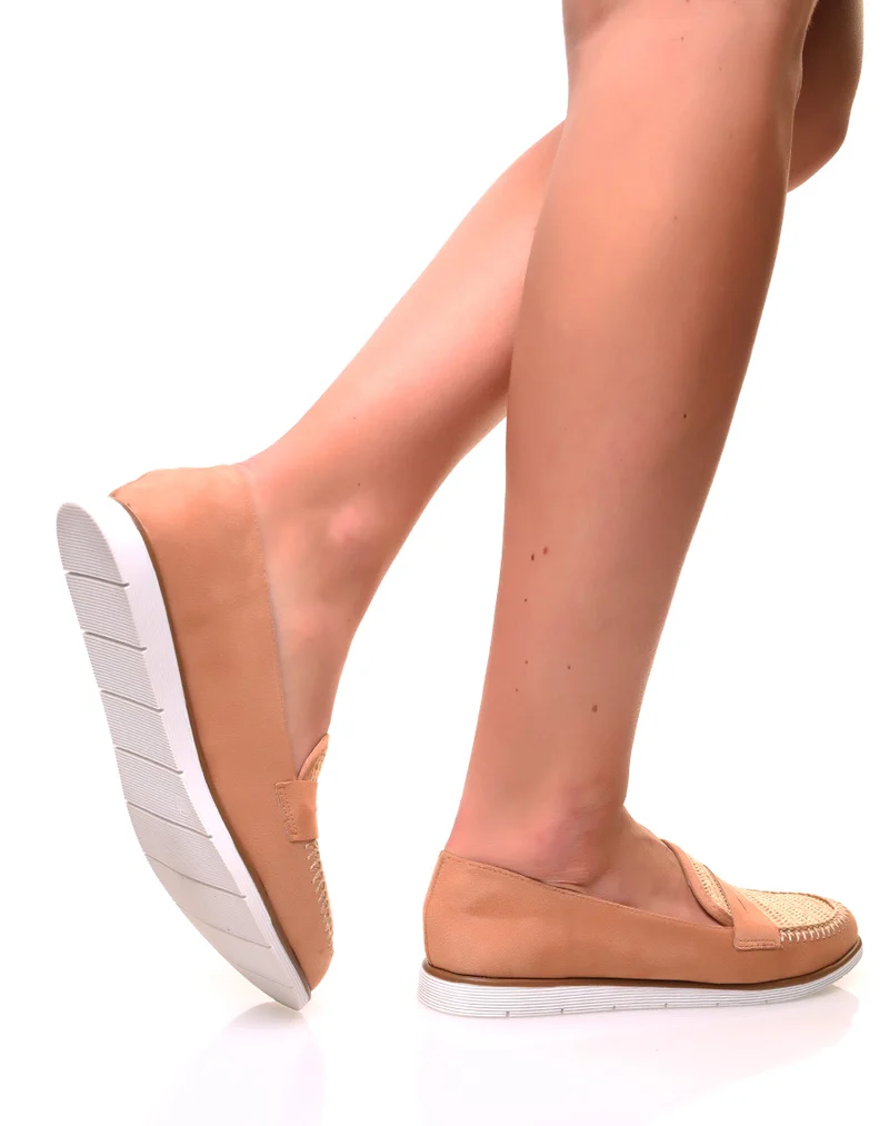 Mocassins en suédine beige et effet osier