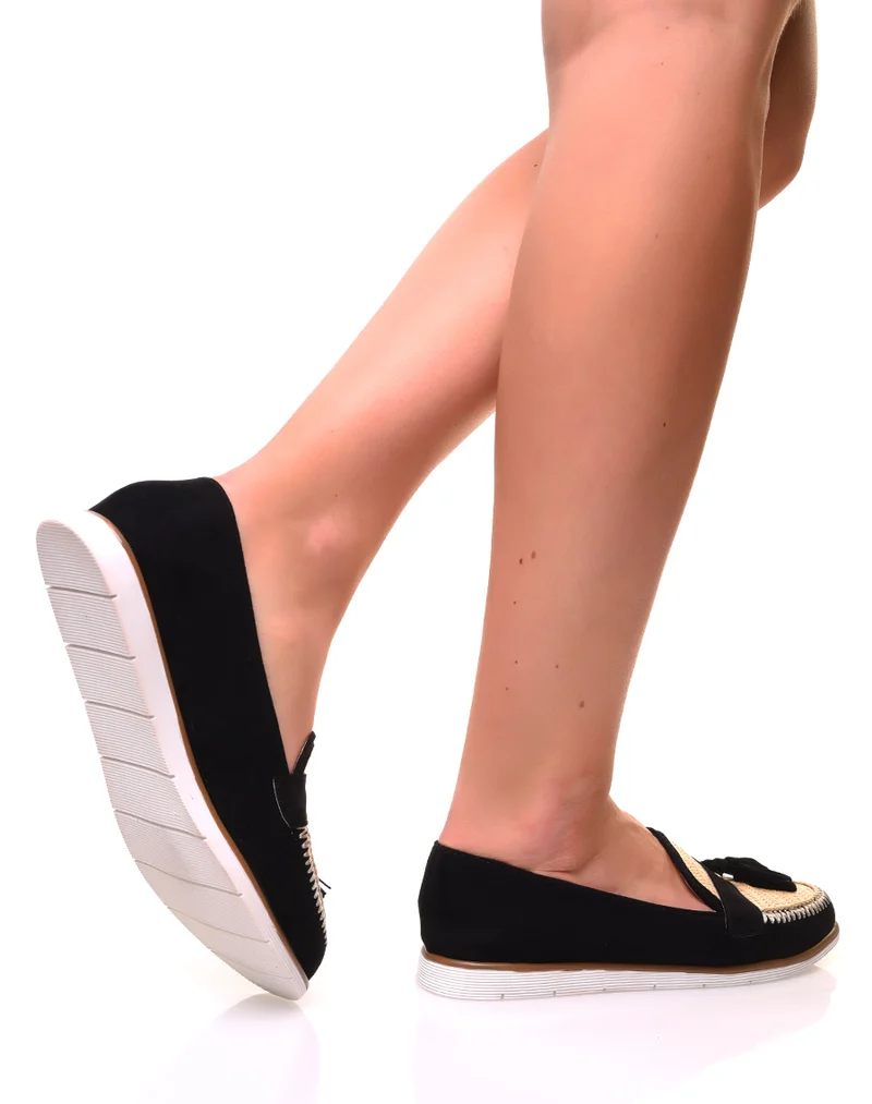 Mocassins en suédine noire et effet osier à pompons