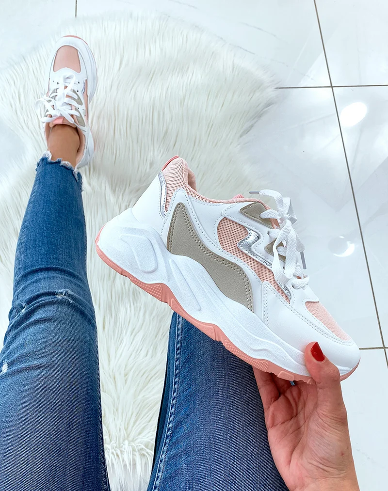 Basket blanche à empiècement rose beige et argenté