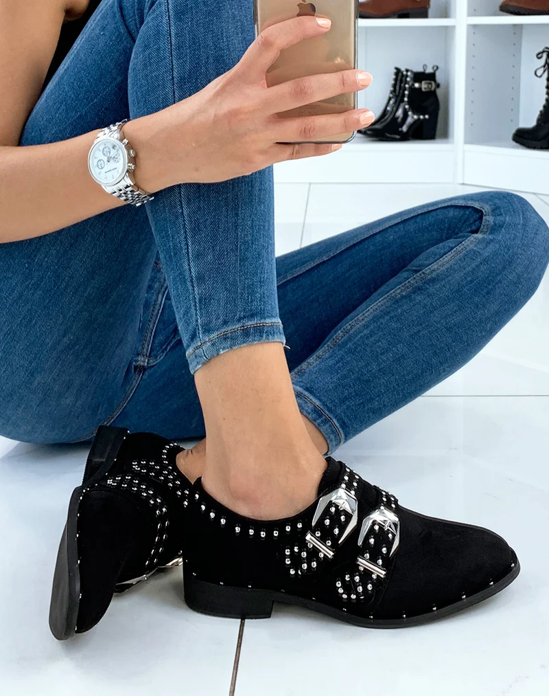Derbies en suédine noire perlées à sangles