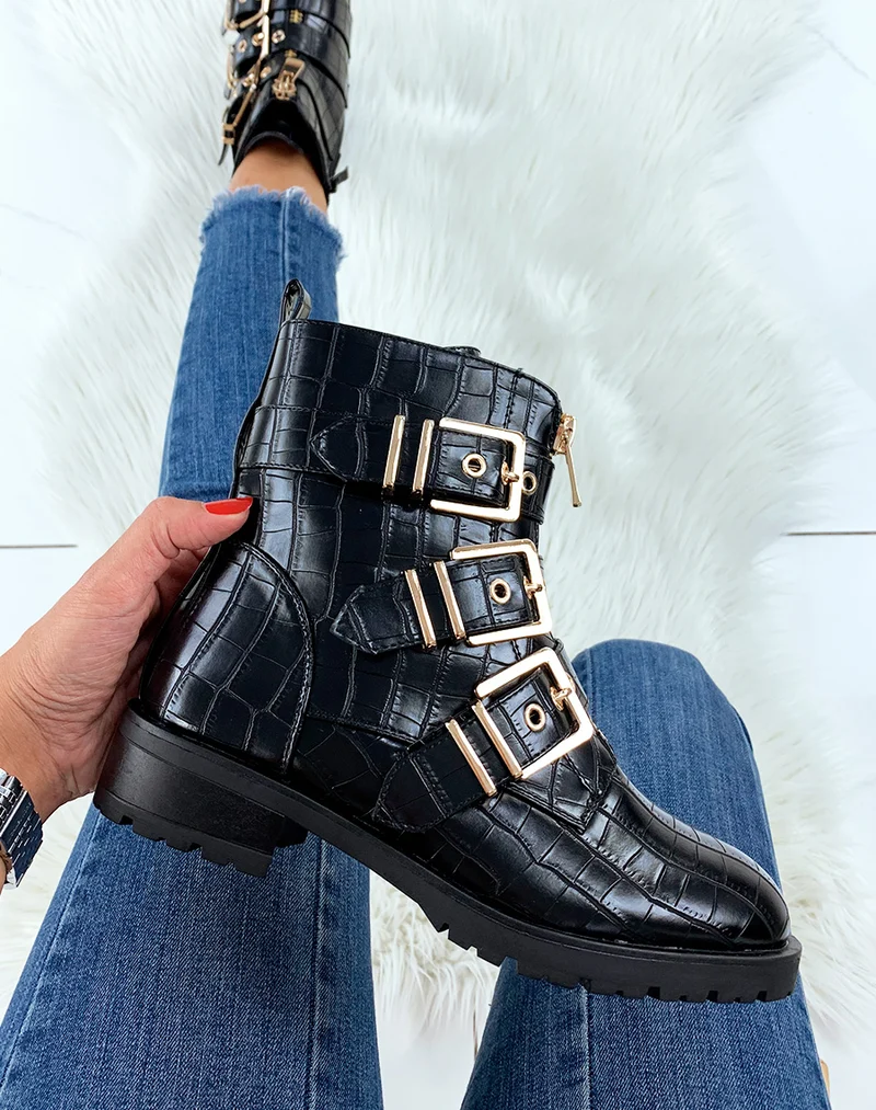 Bottines montantes noires effet croco à boucles dorés