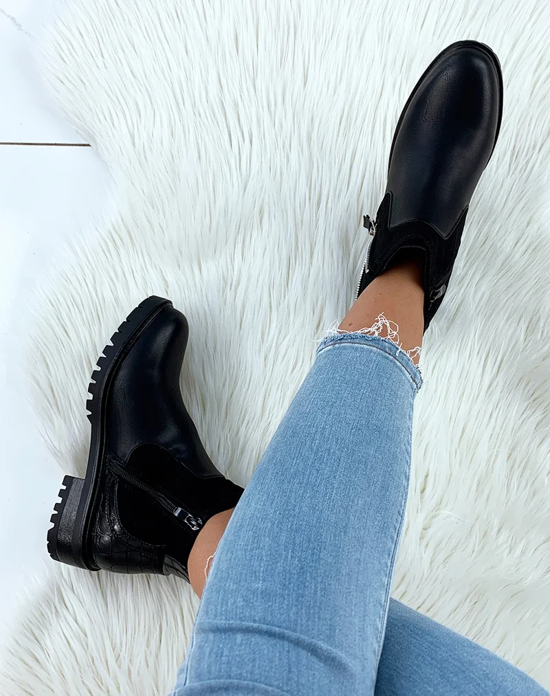 Bottines basses noires en bi-matières à détails fermetures argentées