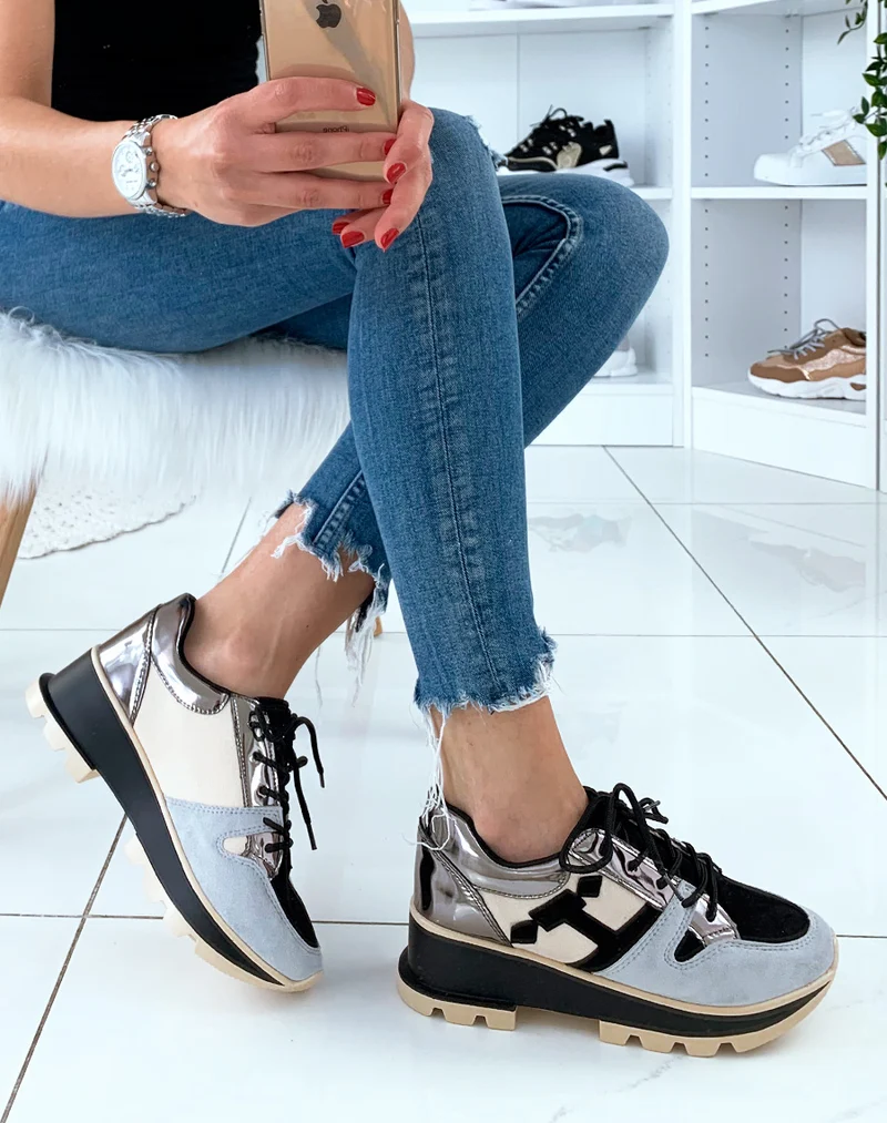 Baskets noires multicolore à talon métallique