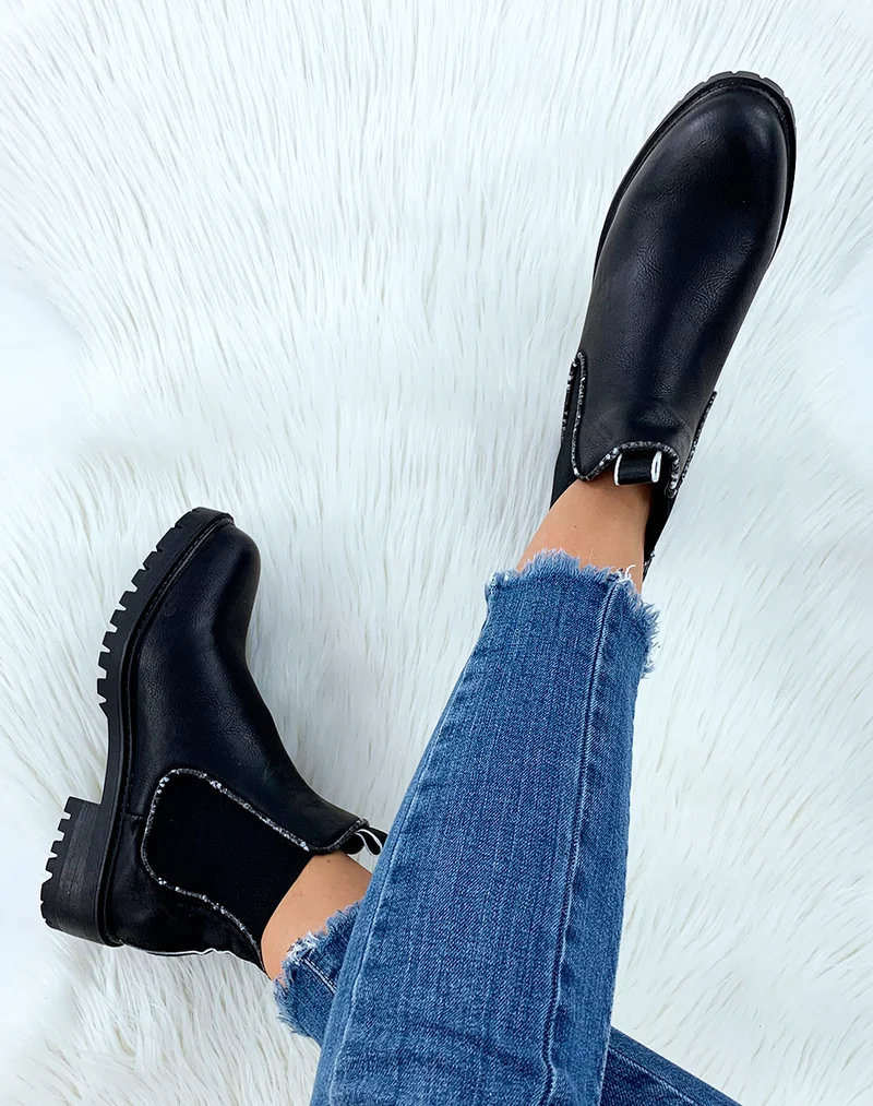 Chelsea boots noires bi-matières à détails effet python