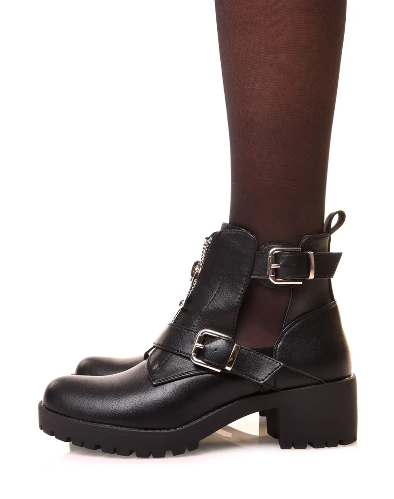 Bottines noires ajourées à sangles et fermetures éclaires