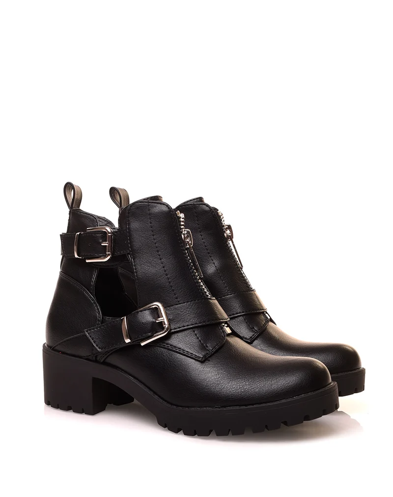 Bottines noires ajourées à sangles et fermetures éclaires