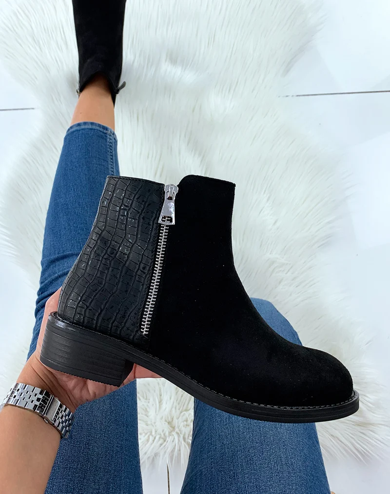 Bottine noire bi-matière effet croco