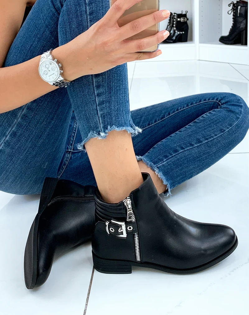 Bottines noires basses à zip décoratif