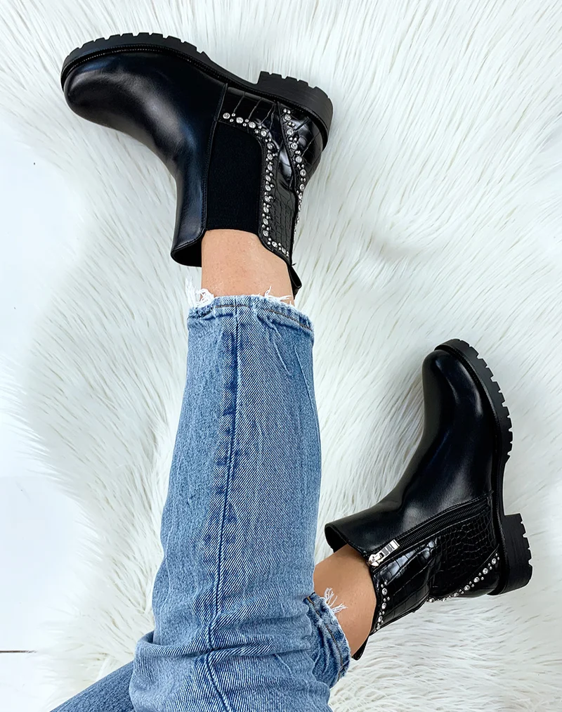 Bottines noires bi-matières ornées de strass