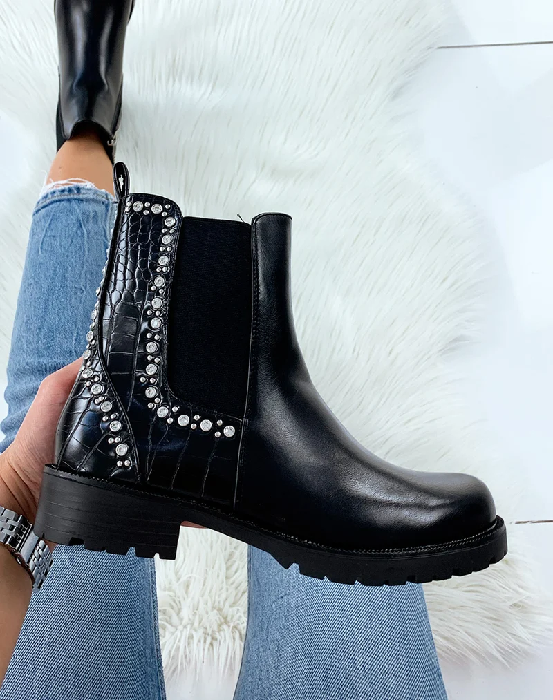 Bottines noires bi-matières ornées de strass