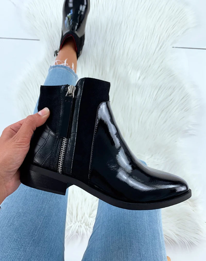Bottines basses noires vernies bi-matières et à fermetures argentées