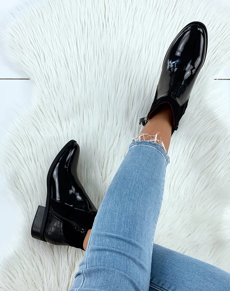 Bottines basses noires vernies bi-matières et à fermetures argentées