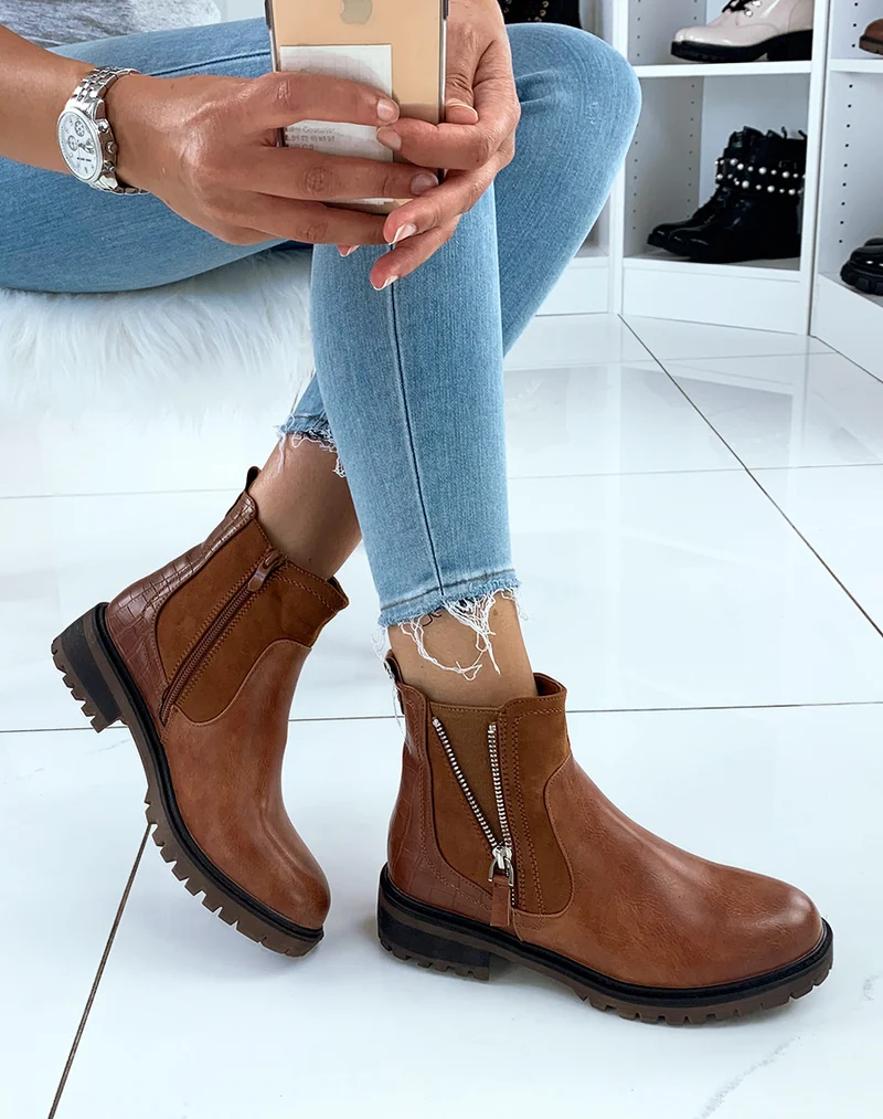Bottines basses camel en bi-matières à détails fermetures argentées