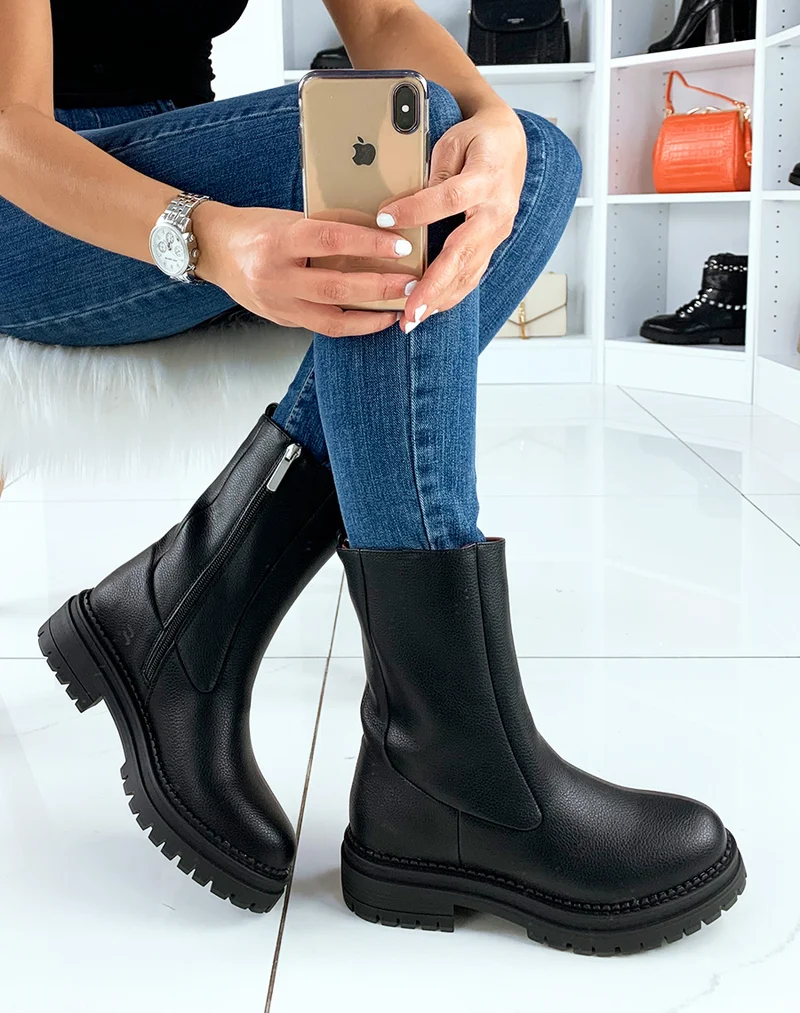 Bottes noires à plateforme épaisse et crantée